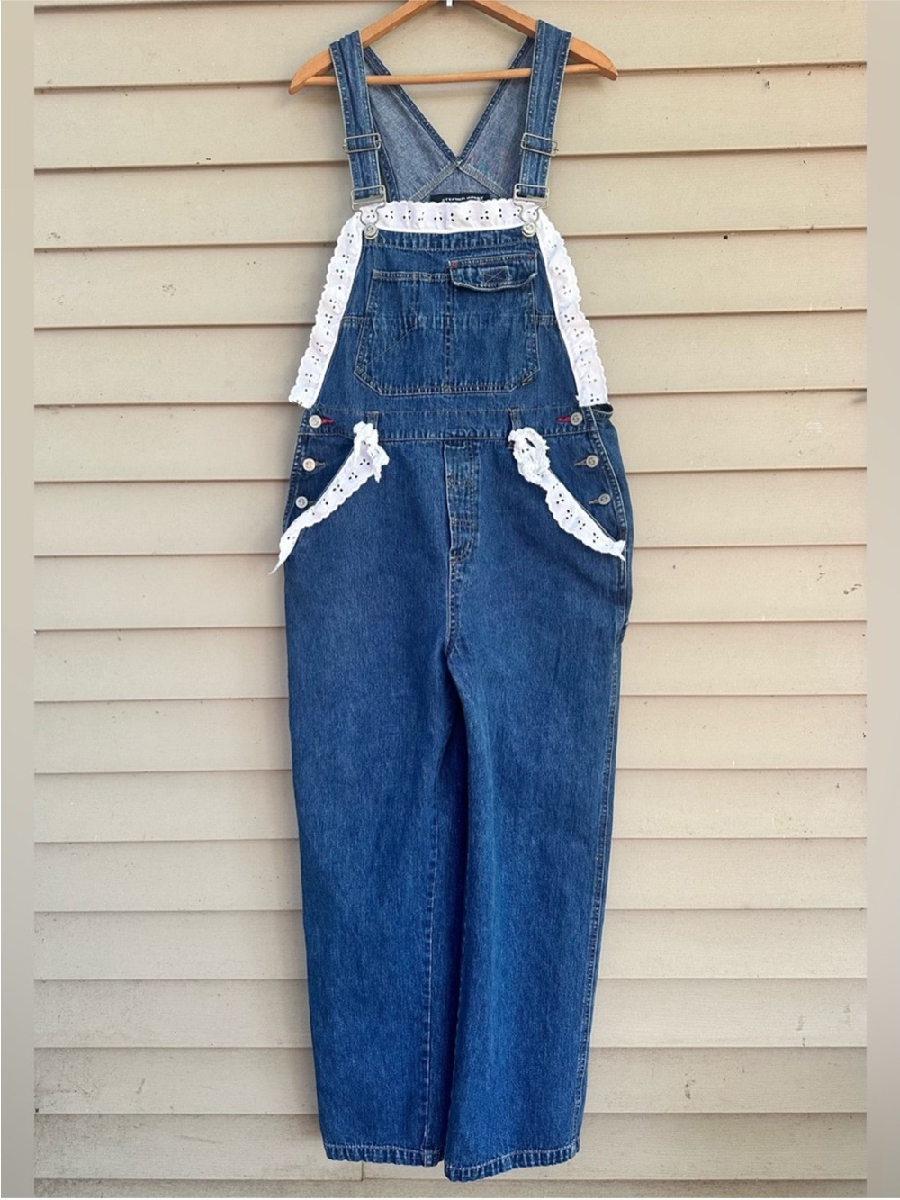 Vintage wide leg bib overalls lace trim baggy women’s large Y2K